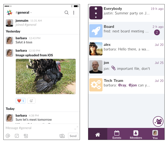 Messaging interface of Slack (left) and Minsh (right)
