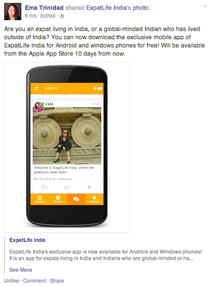 Le poste d'ExpatLife India pour promouvoir leur application