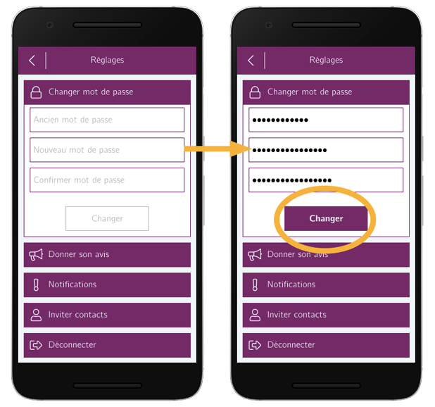 Renseignez votre ancien et nouveau mot de passe