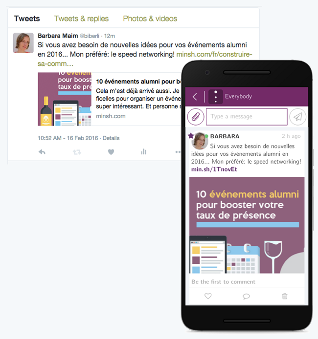 Vos tweets apparaissent automatiquement comme des news dans votre application.